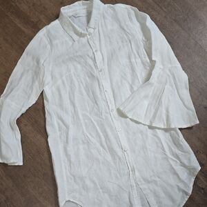 CROWN‎ LINEN DESIGNS White Bell Sleeve Tunic Button-Up Shirt Sz M 100% LINEN